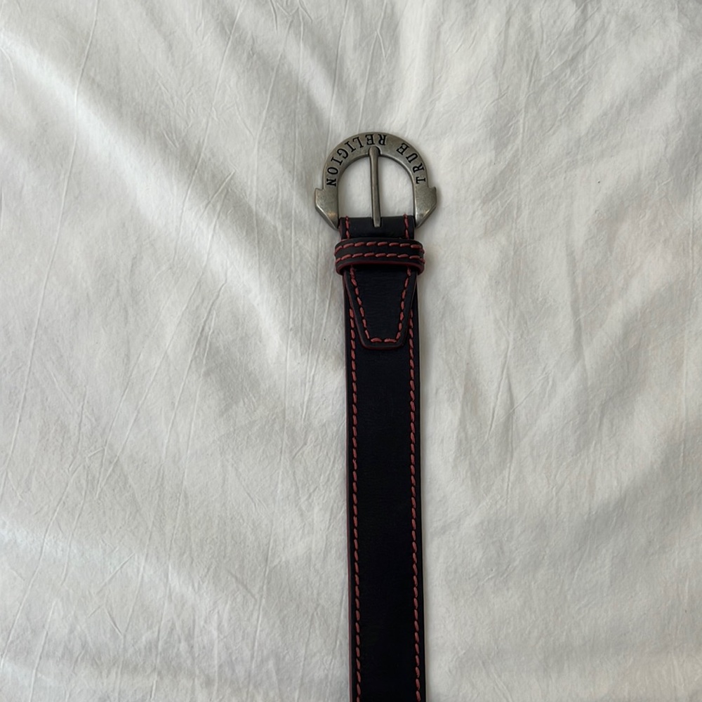 True Religion, belt, red stitching, black belt, size 36